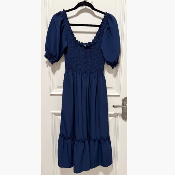 Hill House Louisa Nap Dress XS Navy Crepe Puff Sleeve Midi Wrinkle-Free - Picture 4 of 7